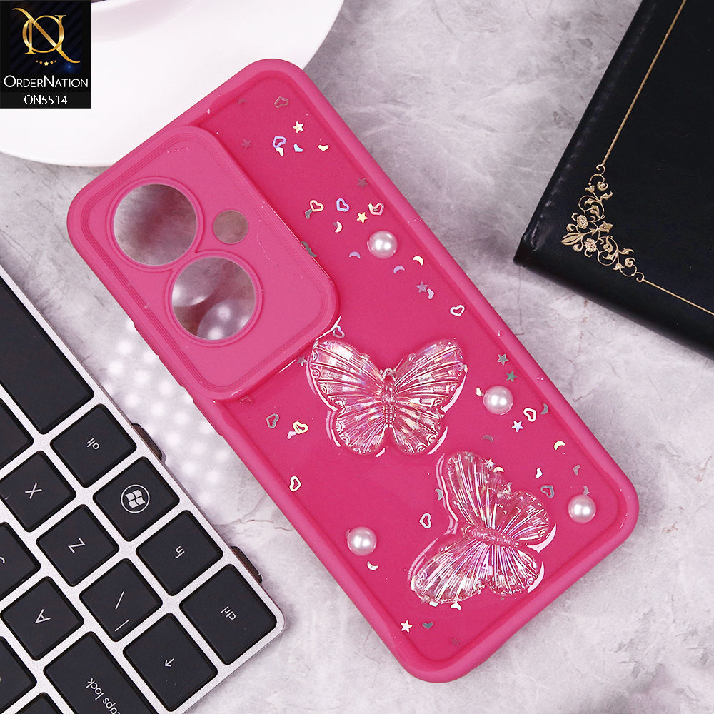 Oppo Reno 11F 5G Cover - Dark Pink - New Shiny Glitter 3D Pearls Butterflies Soft Case With Camera Protection (Glitter Does Not Move)