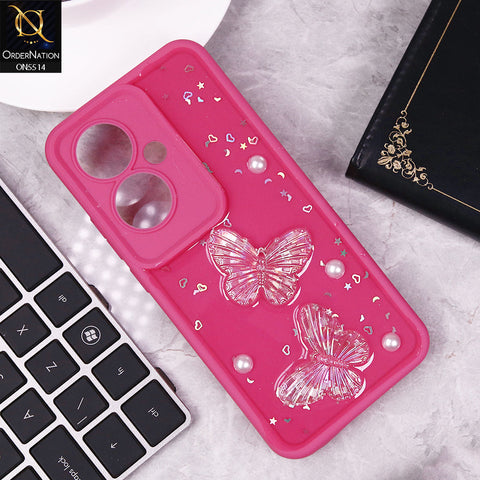 Oppo F25 Pro Cover - Dark Pink - New Shiny Glitter 3D Pearls Butterflies Soft Case With Camera Protection (Glitter Does Not Move)