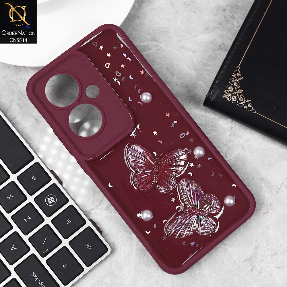 Oppo Reno 11F 5G Cover - Maroon - New Shiny Glitter 3D Pearls Butterflies Soft Case With Camera Protection (Glitter Does Not Move)