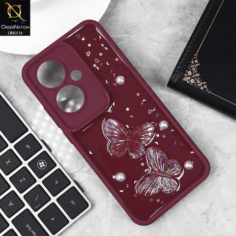 Oppo Reno 11F 5G Cover - Maroon - New Shiny Glitter 3D Pearls Butterflies Soft Case With Camera Protection (Glitter Does Not Move)