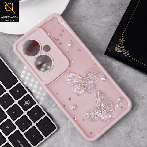 Oppo Reno 11F 5G Cover - Pink - New Shiny Glitter 3D Pearls Butterflies Soft Case With Camera Protection (Glitter Does Not Move)