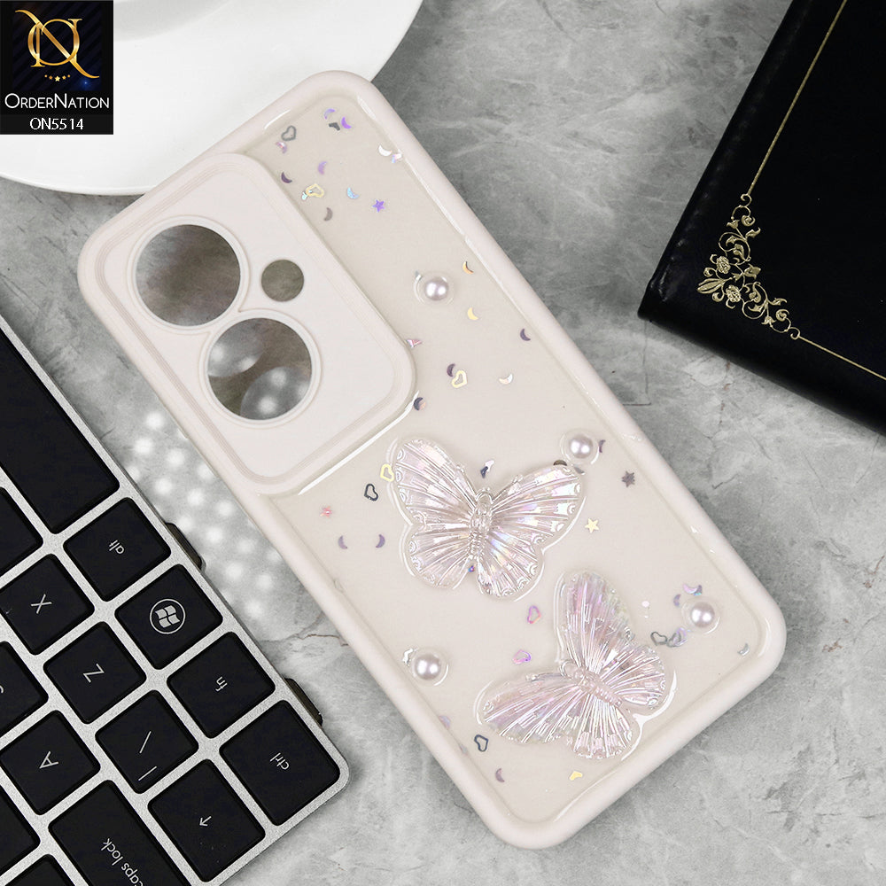 Oppo F25 Pro Cover - White - New Shiny Glitter 3D Pearls Butterflies Soft Case With Camera Protection (Glitter Does Not Move)