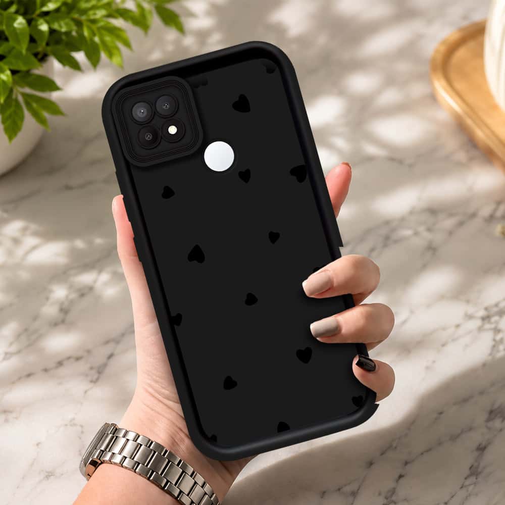 Oppo A15 - Black - Classic Heart Print - ONation Step Up Series - HQ Liquid Silicone Soft Case