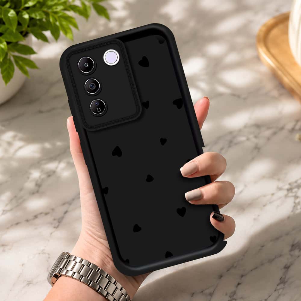 Vivo V27e - Black - Classic Heart Print - ONation Step Up Series - HQ Liquid Silicone Soft Case