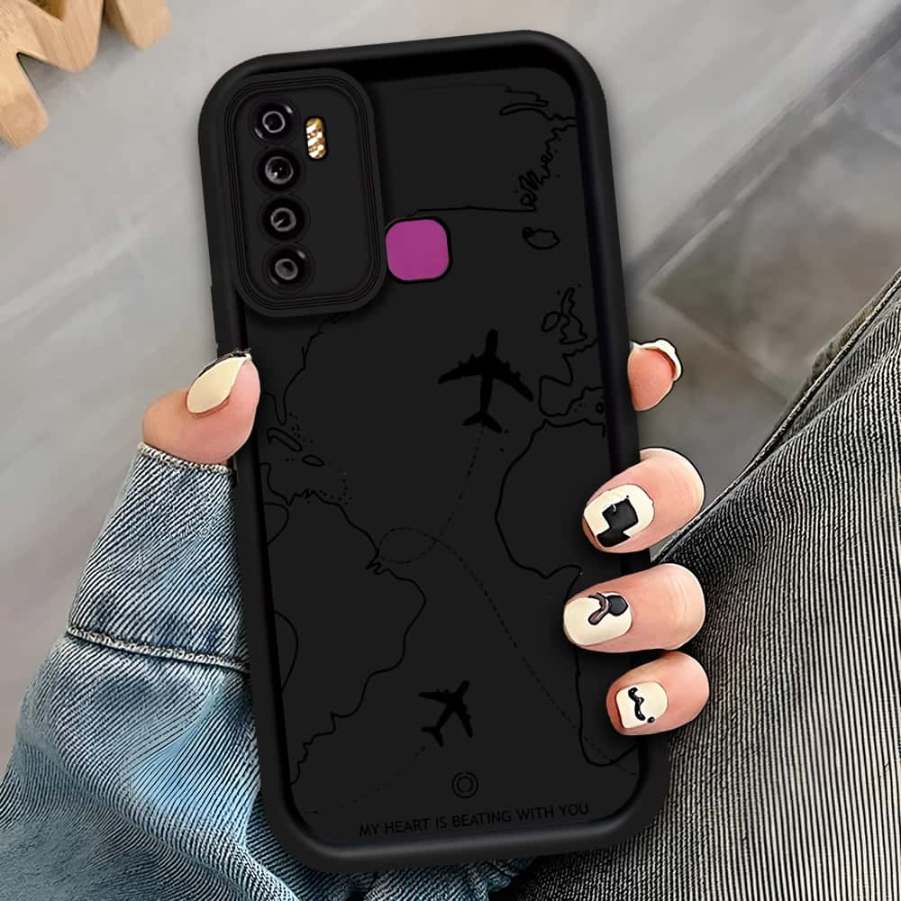 Tecno Camon 15 - Black - Airplane Route Design - ONation Step Up Series - HQ Liquid Silicone Soft Case