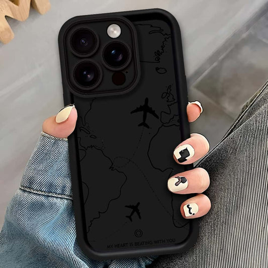 iPhone 14 Pro - Black - Airplane Route Design - ONation Step Up Series - HQ Liquid Silicone Soft Case
