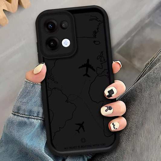 Oppo Reno 13 - Black - Airplane Route Design - ONation Step Up Series - HQ Liquid Silicone Soft Case