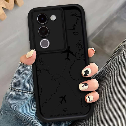 Vivo Y200 5G - Black - Airplane Route Design - ONation Step Up Series - HQ Liquid Silicone Soft Case