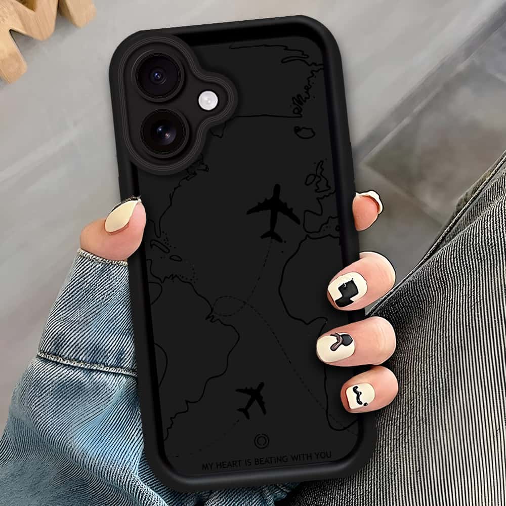 iPhone 16 Plus - Black - Airplane Route Design - ONation Step Up Series - HQ Liquid Silicone Soft Case