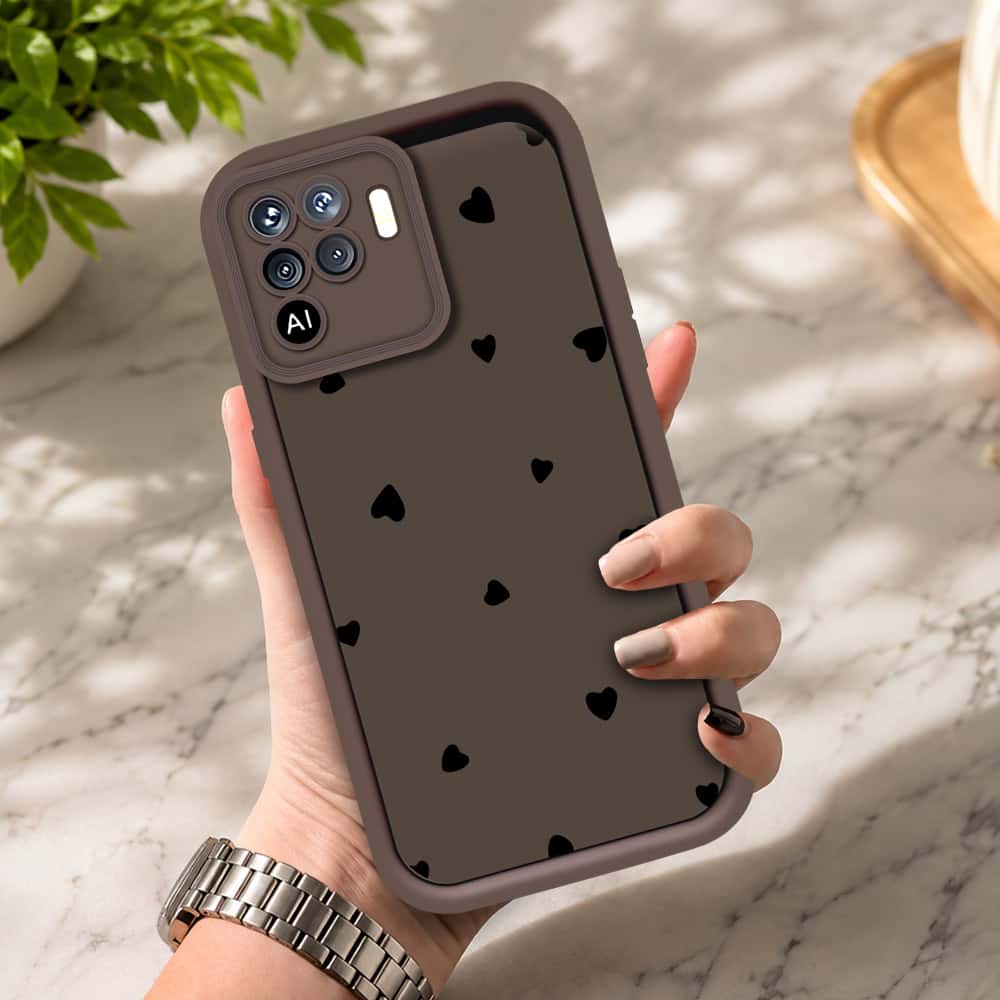 Oppo F19 Pro - Brown - Classic Heart Print - ONation Step Up Series - HQ Liquid Silicone Soft Case