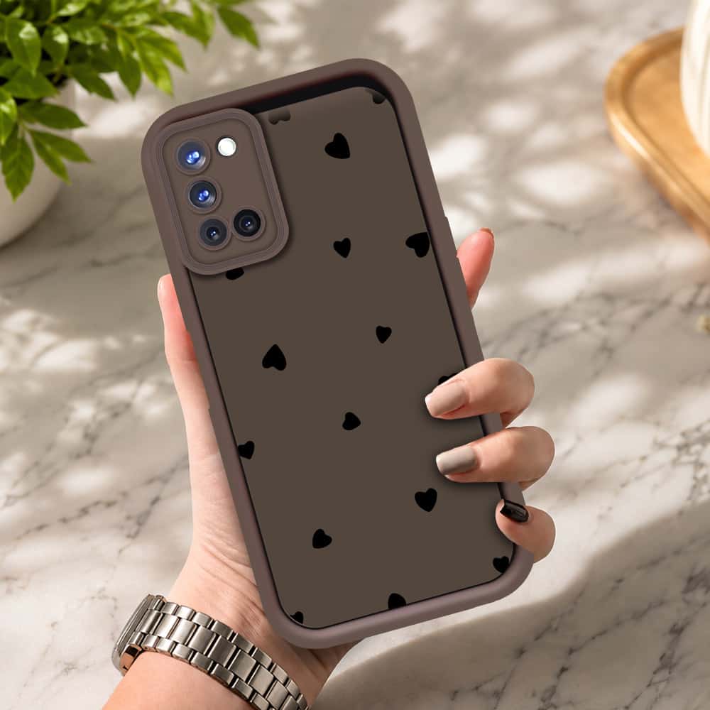 Oppo A52 - Brown - Classic Heart Print - ONation Step Up Series - HQ Liquid Silicone Soft Case