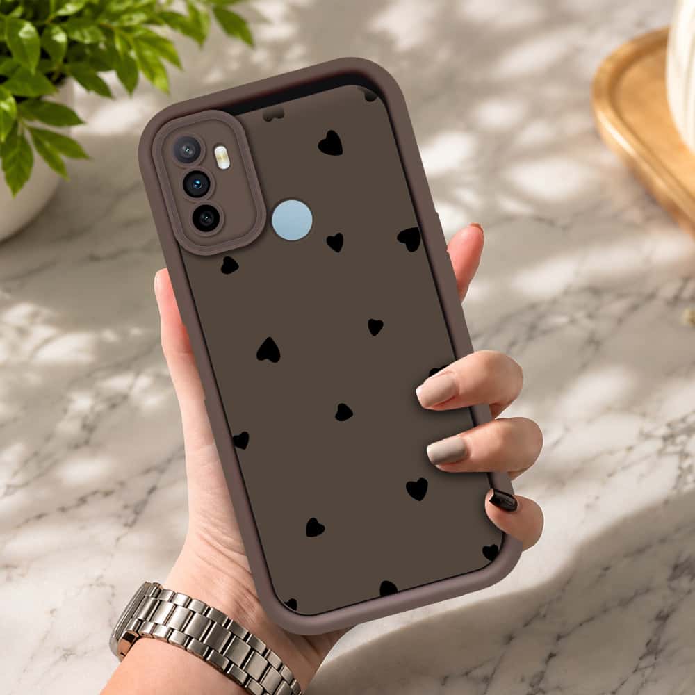 Oppo A53 - Brown - Classic Heart Print - ONation Step Up Series - HQ Liquid Silicone Soft Case