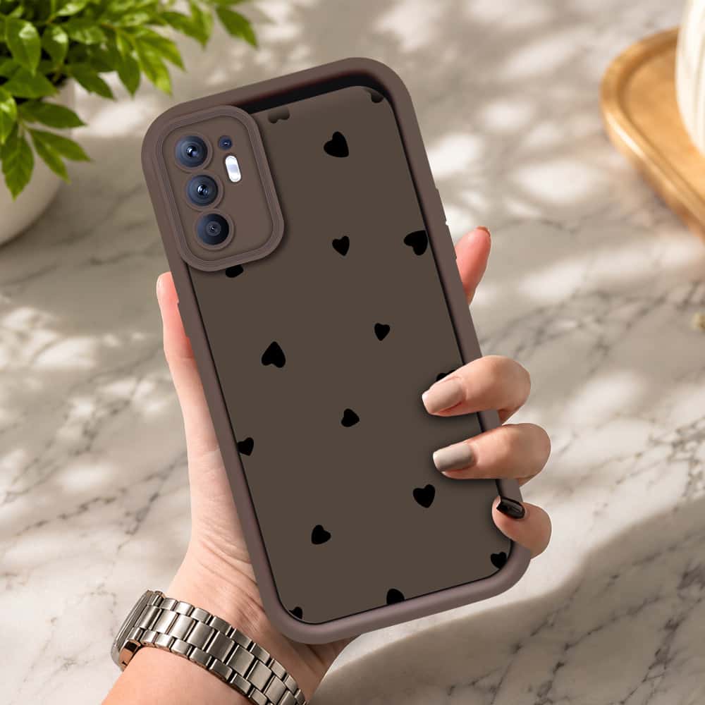 Oppo Reno 6 4G - Brown - Classic Heart Print - ONation Step Up Series - HQ Liquid Silicone Soft Case