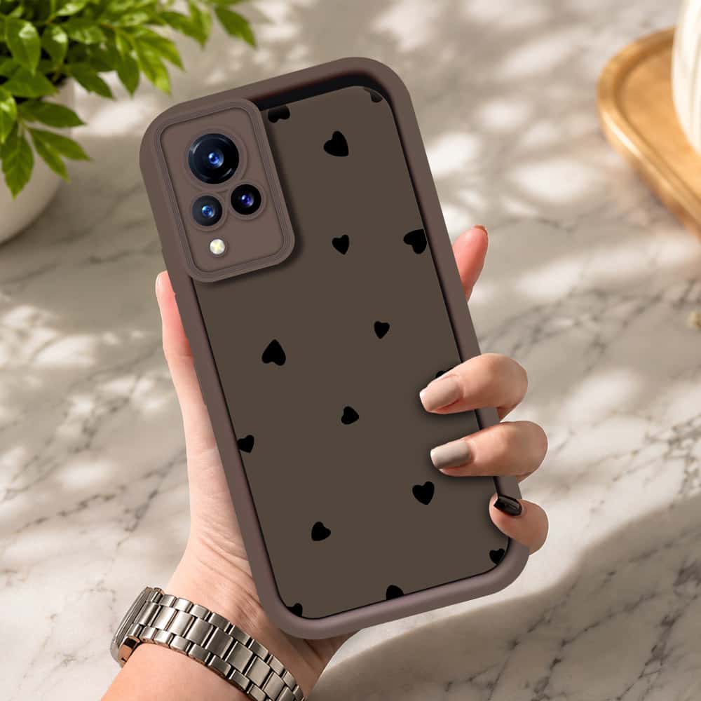 Vivo V21 - Brown - Classic Heart Print - ONation Step Up Series - HQ Liquid Silicone Soft Case