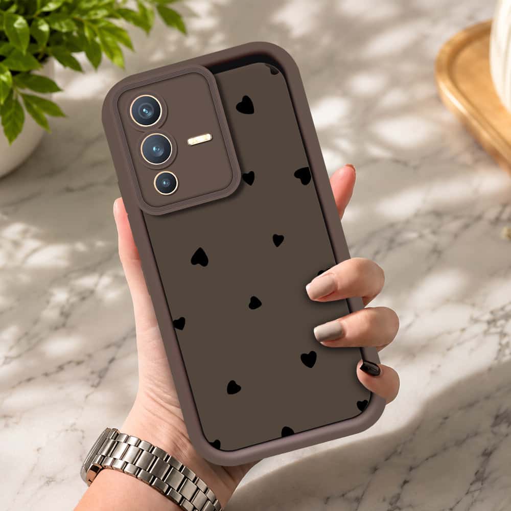 Vivo V23 5G - Brown - Classic Heart Print - ONation Step Up Series - HQ Liquid Silicone Soft Case