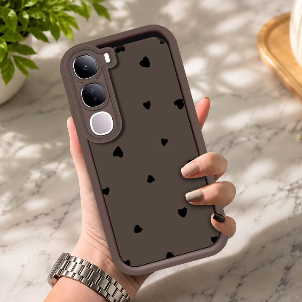 Vivo V40 Lite (IDN) - Brown - Classic Heart Print - ONation Step Up Series - HQ Liquid Silicone Soft Case