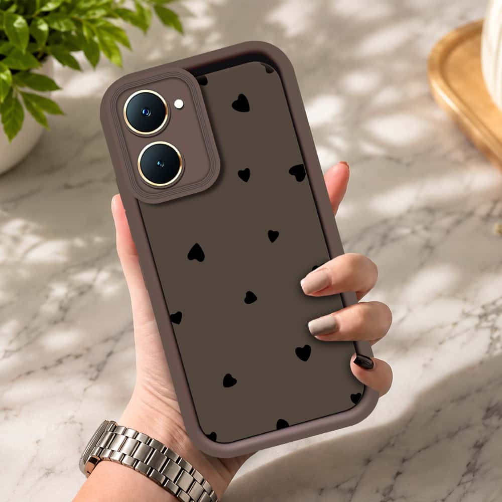 Vivo Y03 - Brown - Classic Heart Print - ONation Step Up Series - HQ Liquid Silicone Soft Case