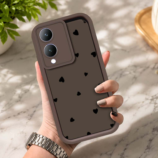 Vivo Y17s - Brown - Classic Heart Print - ONation Step Up Series - HQ Liquid Silicone Soft Case