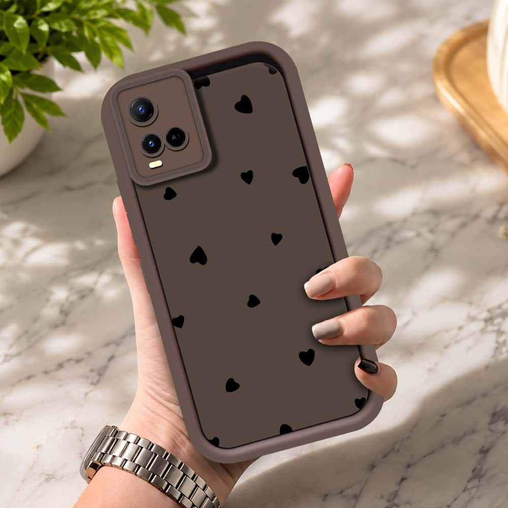 Vivo Y21 - Brown - Classic Heart Print - ONation Step Up Series - HQ Liquid Silicone Soft Case