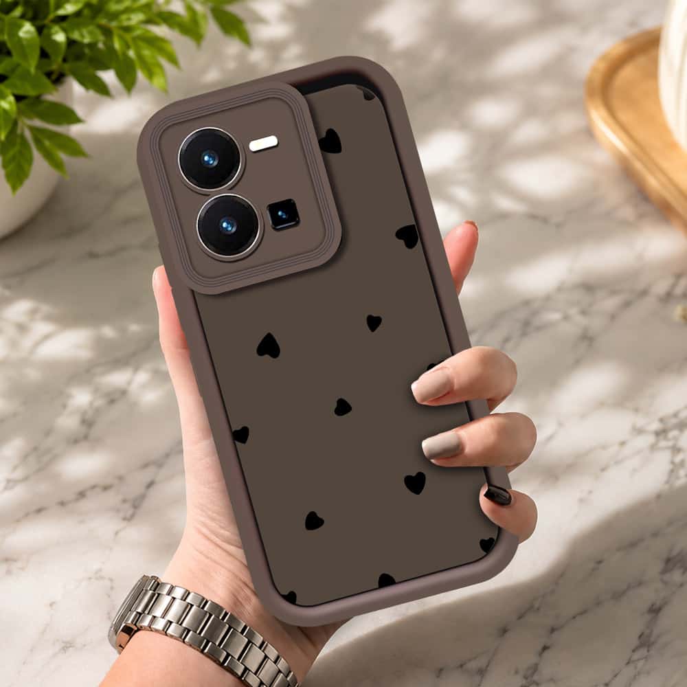 Vivo Y35 5G - Brown - Classic Heart Print - ONation Step Up Series - HQ Liquid Silicone Soft Case