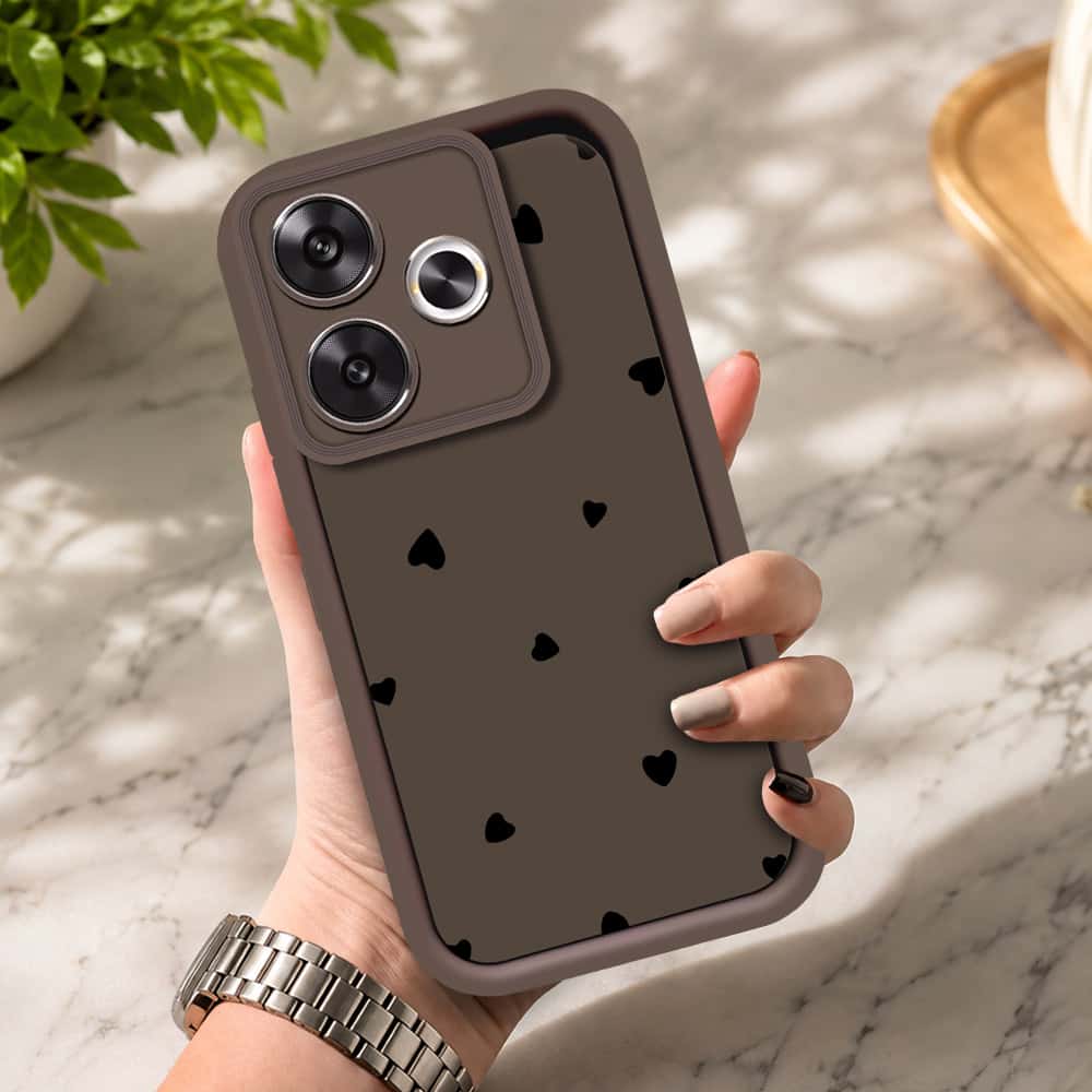Xiaomi Poco F6 - Brown - Classic Heart Print - ONation Step Up Series - HQ Liquid Silicone Soft Case