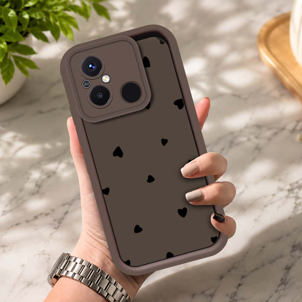 Xiaomi Poco C55 - Brown - Classic Heart Print - ONation Step Up Series - HQ Liquid Silicone Soft Case