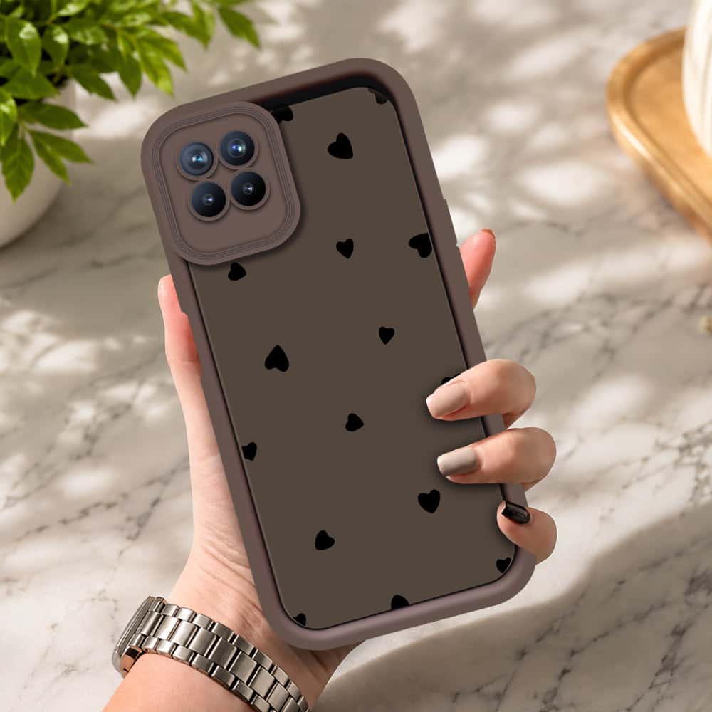 Realme 8i - Brown - Classic Heart Print - ONation Step Up Series - HQ Liquid Silicone Soft Case