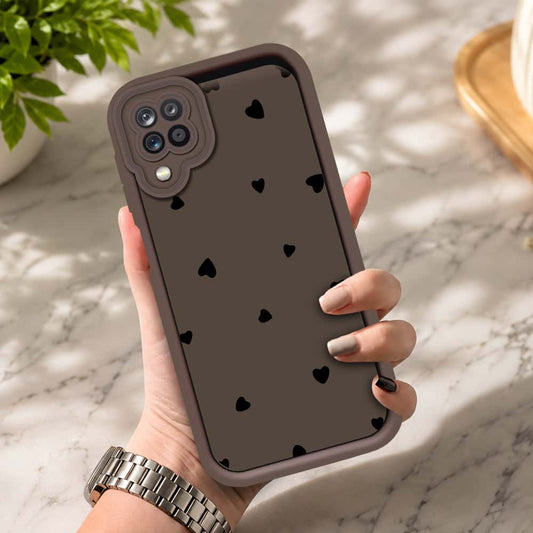 Samsung Galaxy M22 - Brown - Classic Heart Print - ONation Step Up Series - HQ Liquid Silicone Soft Case