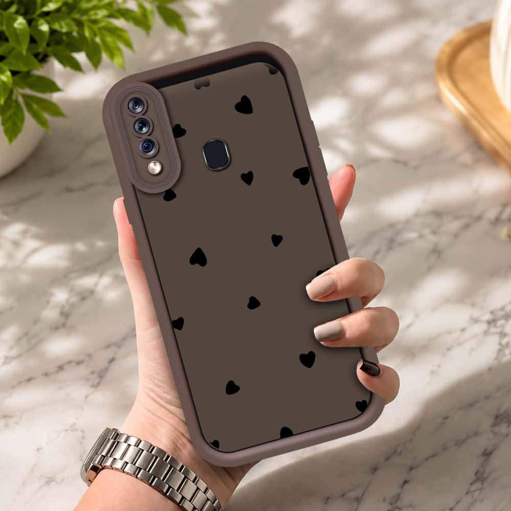 Samsung Galaxy A20s - Brown - Classic Heart Print - ONation Step Up Series - HQ Liquid Silicone Soft Case