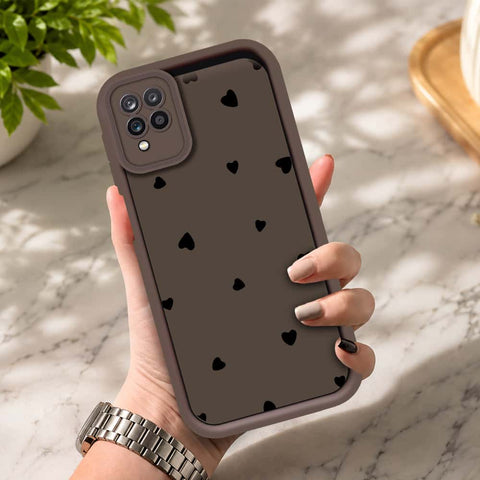 Samsung Galaxy A12 - Brown - Classic Heart Print - ONation Step Up Series - HQ Liquid Silicone Soft Case