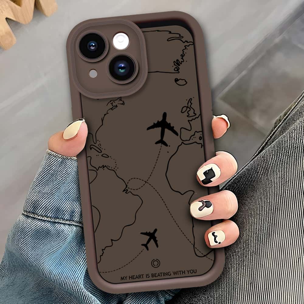 iPhone 14 Plus - Brown - Airplane Route Design - ONation Step Up Series - HQ Liquid Silicone Soft Case
