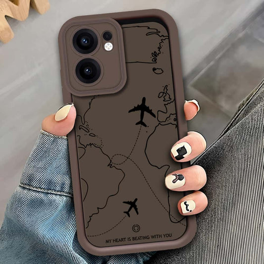 Oppo Reno 13F 5G - Brown - Airplane Route Design - ONation Step Up Series - HQ Liquid Silicone Soft Case