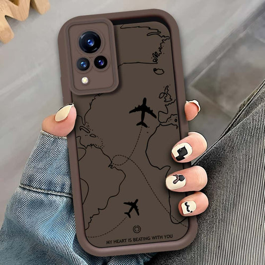 Vivo V21s - Brown - Airplane Route Design - ONation Step Up Series - HQ Liquid Silicone Soft Case