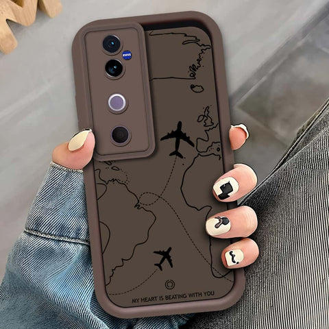 Vivo V40 - Brown - Airplane Route Design - ONation Step Up Series - HQ Liquid Silicone Soft Case