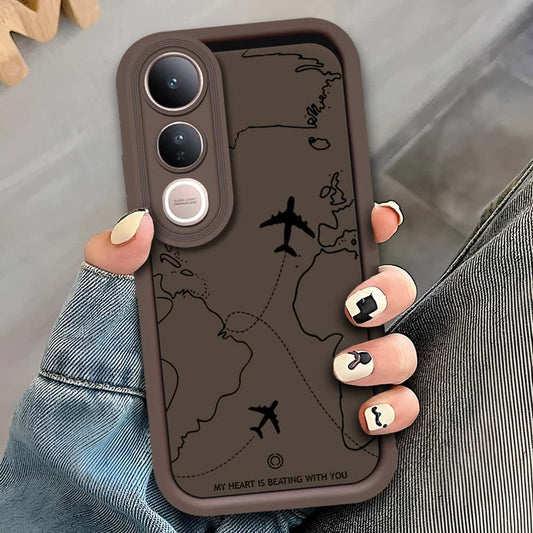 Vivo V50 Lite - Brown - Airplane Route Design - ONation Step Up Series - HQ Liquid Silicone Soft Case