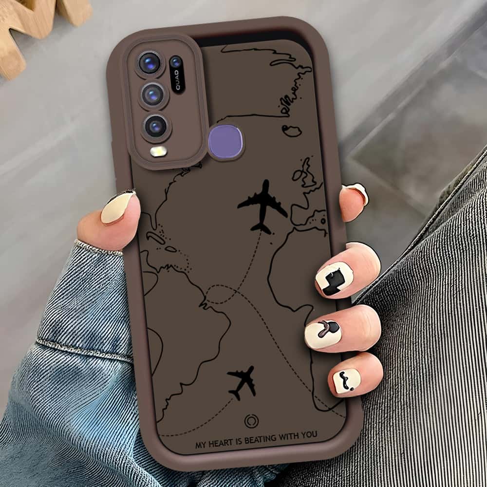 Vivo Y30  - Brown - Airplane Route Design - ONation Step Up Series - HQ Liquid Silicone Soft Case