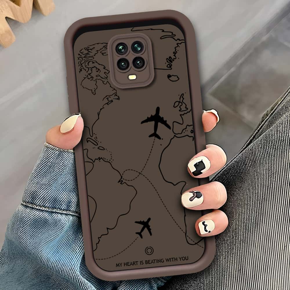 Xiaomi Poco M2 Pro  - Brown - Airplane Route Design - ONation Step Up Series - HQ Liquid Silicone Soft Case