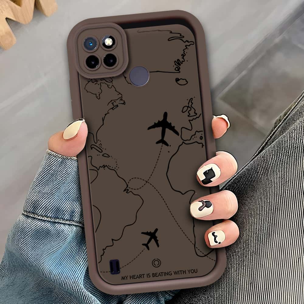 Realme C21Y - Brown - Airplane Route Design - ONation Step Up Series - HQ Liquid Silicone Soft Case