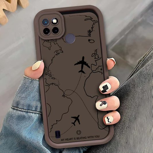Realme C21Y - Brown - Airplane Route Design - ONation Step Up Series - HQ Liquid Silicone Soft Case