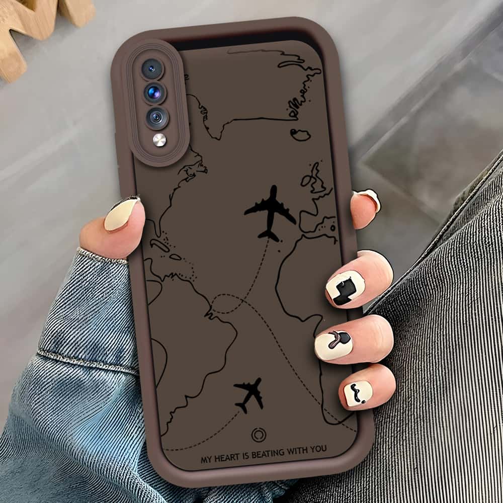 Samsung Galaxy A70 - Brown - Airplane Route Design - ONation Step Up Series - HQ Liquid Silicone Soft Case