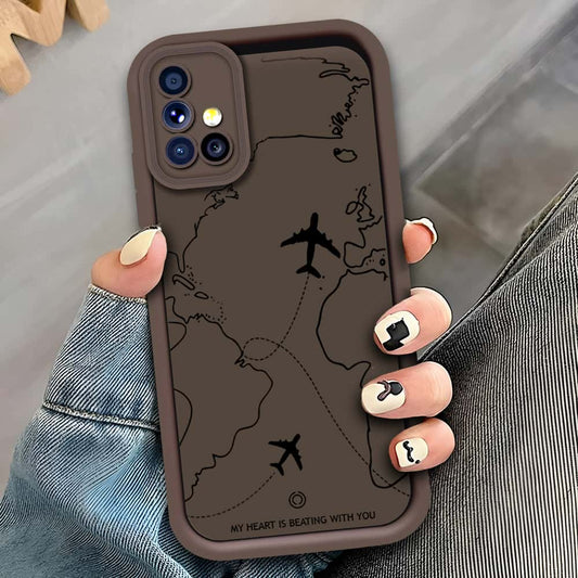 Samsung Galaxy A51 - Brown - Airplane Route Design - ONation Step Up Series - HQ Liquid Silicone Soft Case