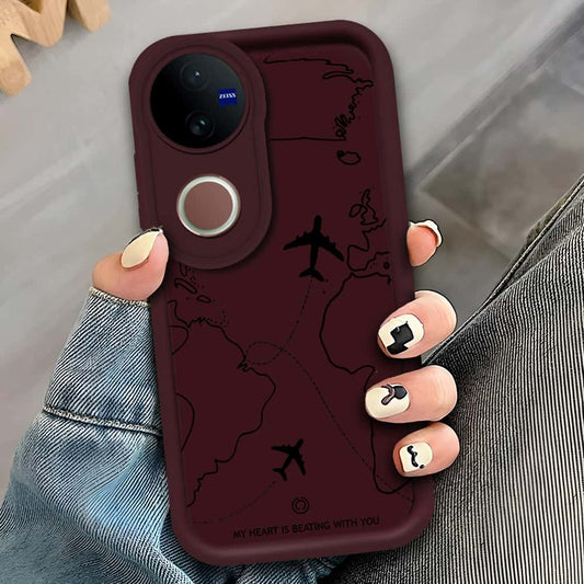 Vivo V50 - Maroon - Airplane Route Design - ONation Step Up Series - HQ Liquid Silicone Soft Case (Fast Delivery)(W)