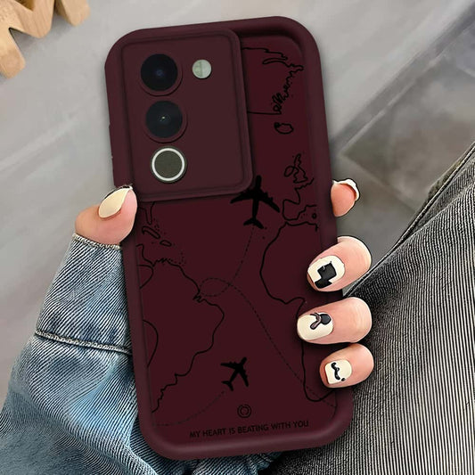 Vivo Y200 5G - Maroon - Airplane Route Design - ONation Step Up Series - HQ Liquid Silicone Soft Case