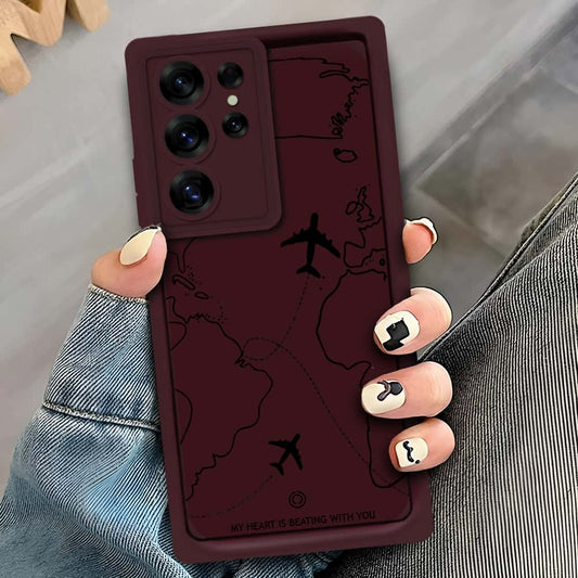 Samsung Galaxy S24 Ultra  - Maroon - Airplane Route Design - ONation Step Up Series - HQ Liquid Silicone Soft Case