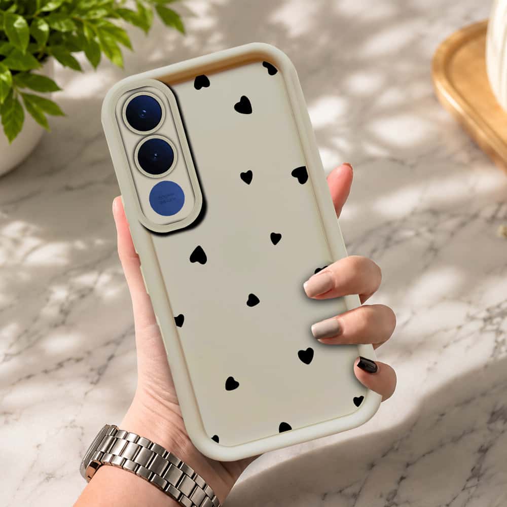 Vivo V70 FE  - Offwhite - Classic Heart Print - ONation Step Up Series - HQ Liquid Silicone Soft Case