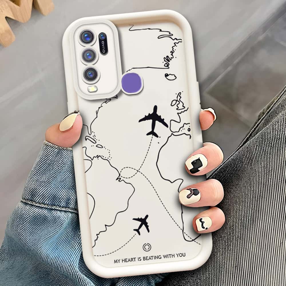Vivo Y30   - Offwhite - Airplane Route Design - ONation Step Up Series - HQ Liquid Silicone Soft Case