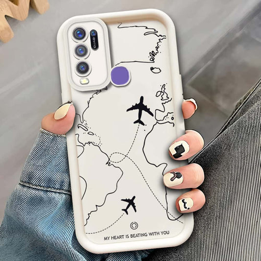 Vivo Y30   - Offwhite - Airplane Route Design - ONation Step Up Series - HQ Liquid Silicone Soft Case