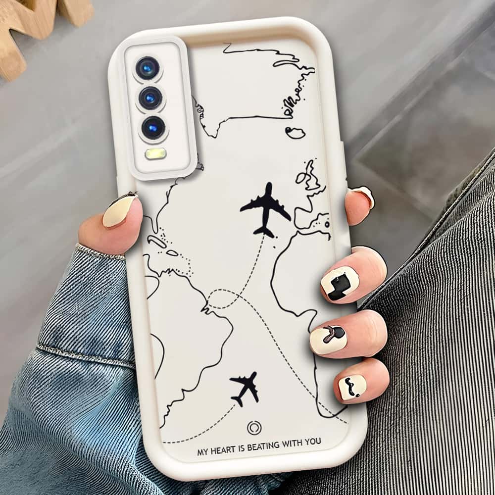 Vivo Y12s  - Offwhite - Airplane Route Design - ONation Step Up Series - HQ Liquid Silicone Soft Case