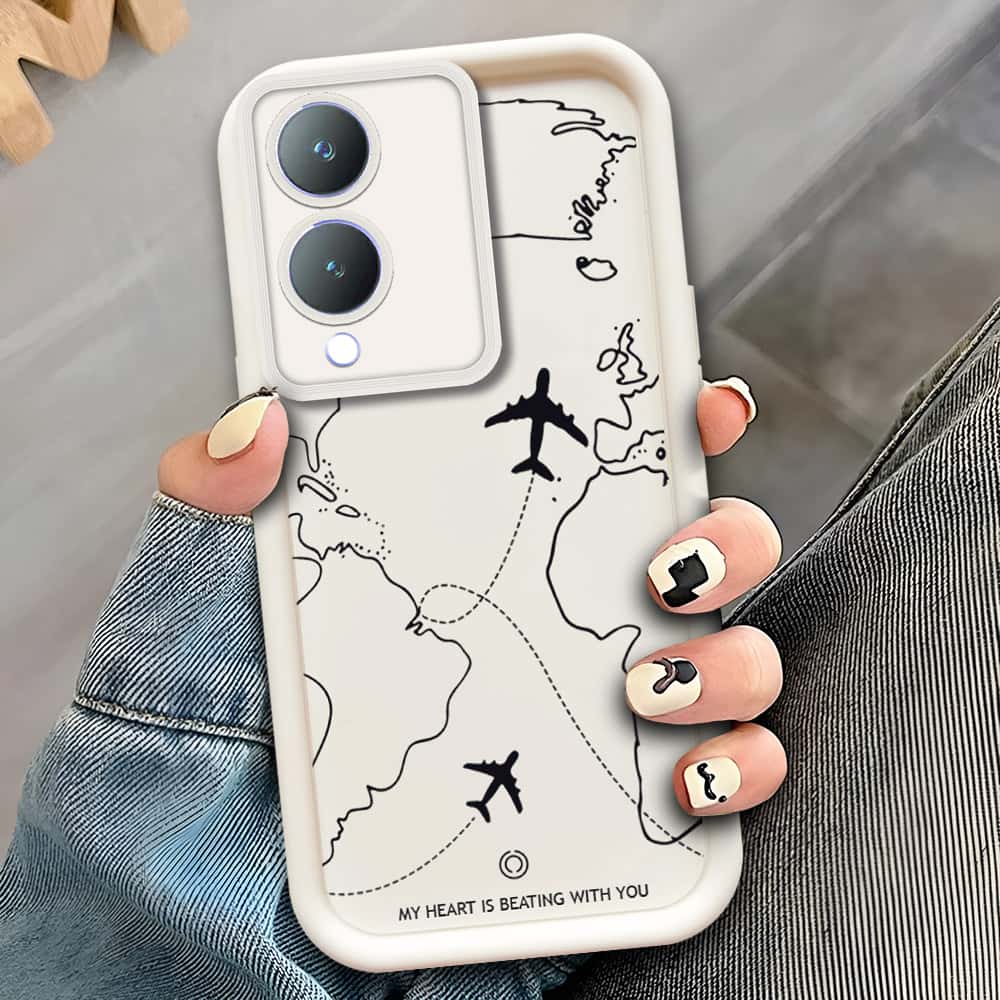 Vivo Y17s  - Offwhite - Airplane Route Design - ONation Step Up Series - HQ Liquid Silicone Soft Case