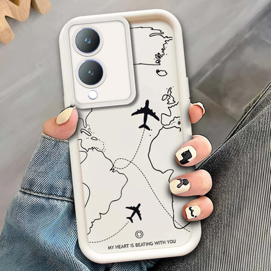 Vivo Y28 5G  - Offwhite - Airplane Route Design - ONation Step Up Series - HQ Liquid Silicone Soft Case